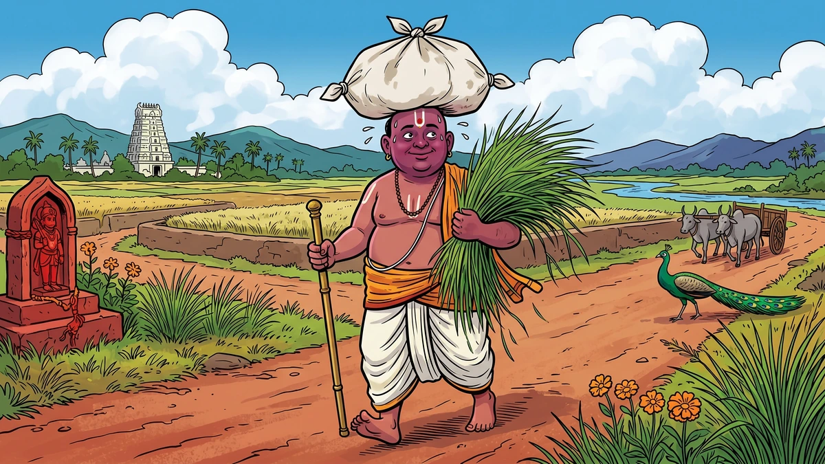 Priest Gundappa solemnly smearing his face with thick black charcoal paste in the chief assistant's kitchen.