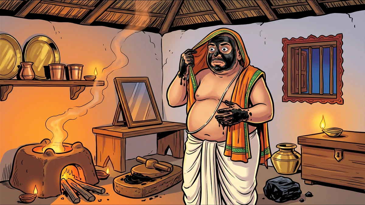 Priest Gundappa cutting the oiled hair-locks of sleeping Brahmin clerks at midnight in the dim amildar's office.