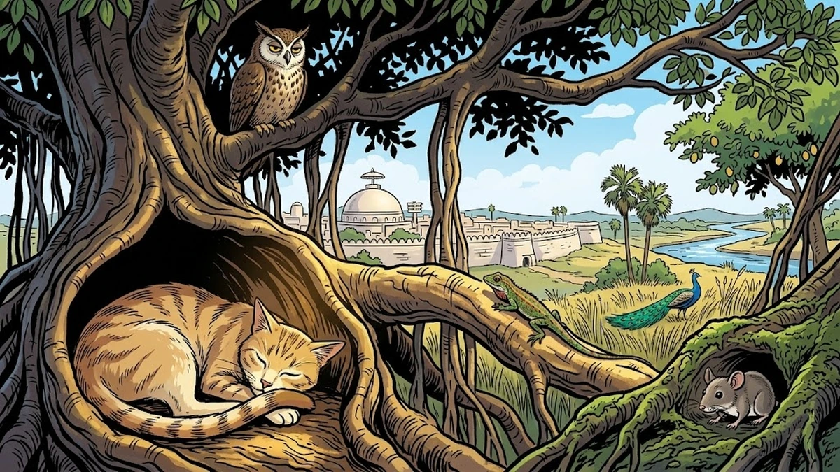 Cross-section of the banyan tree of Vidisha with the cat, owl, lizard and mouse each in their own quadrant — four kingdoms in one tree