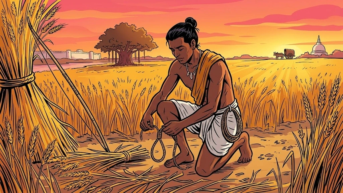The Nisada hunter setting an antelope-sinew noose in the barley field at sunset