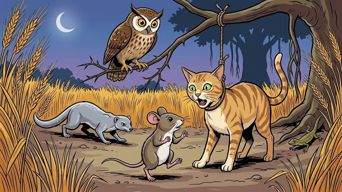 Palita the wise mouse counting his three predators — cat in the snare, owl above, mongoose behind