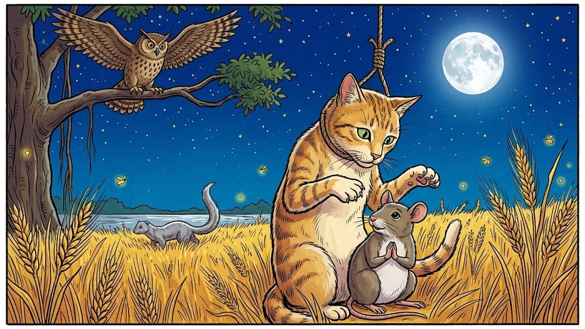 The mouse Palita sheltering beneath the captive cat Lomasha at deep night under the moon — the sandhi alliance
