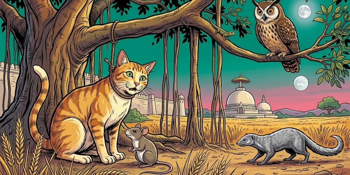 Lomasha the cat caught in a hunter's snare with Palita the wise mouse beneath her under a banyan tree at Vidisha — Mahabharata Shanti Parva