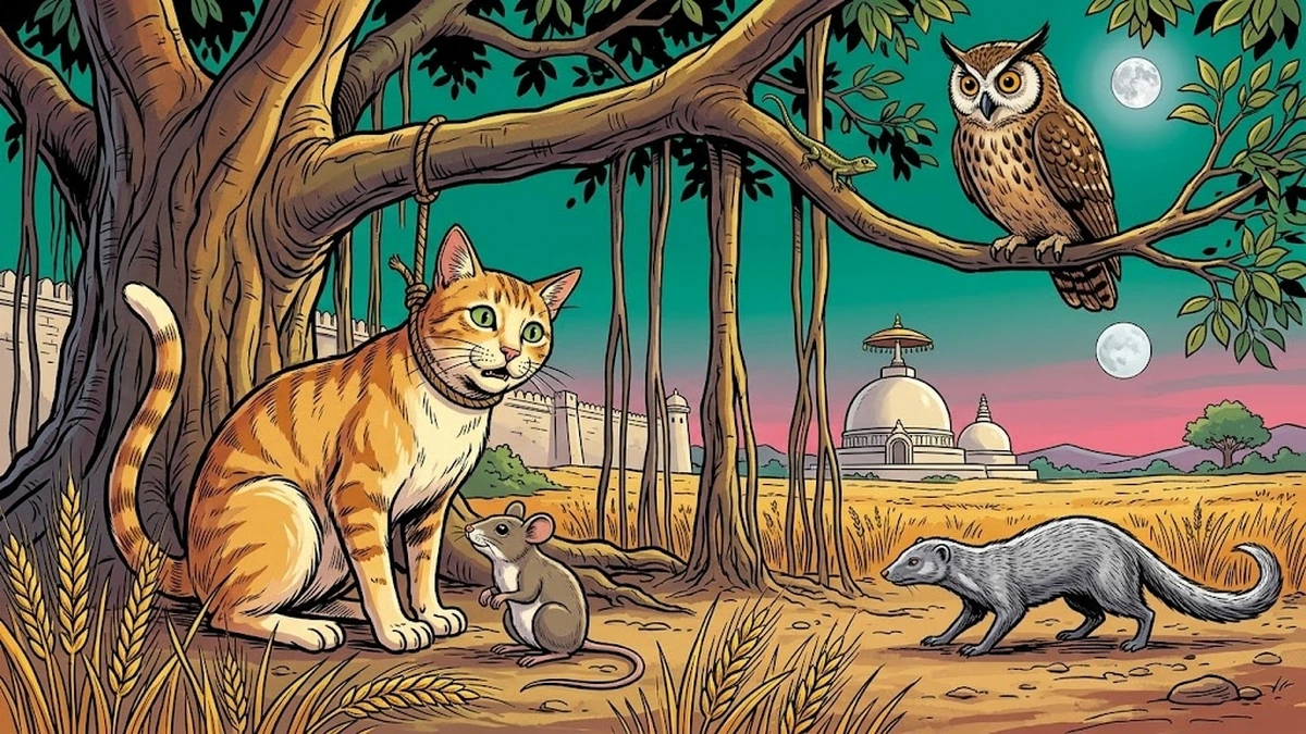 Lomasha the cat caught in a hunter's snare with Palita the wise mouse beneath her under a banyan tree at Vidisha — Mahabharata Shanti Parva