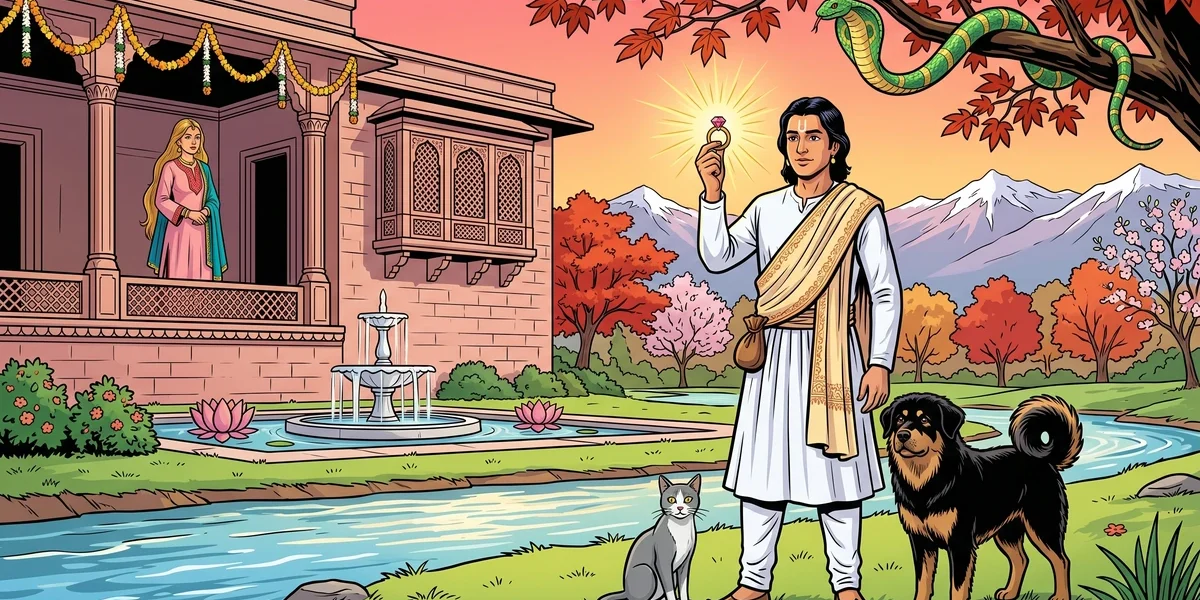 Cover illustration: The Charmed Ring — a Kashmiri merchant's son holds aloft the gleaming Ring of Wishes by the Pir Panjal mountains with the rose-stone palace, golden-haired princess, faithful dog, cat and snake-prince