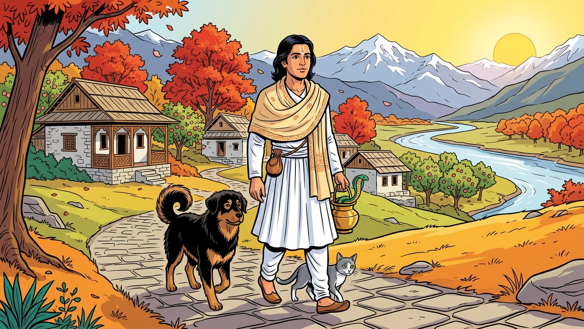 Scene 1: The Kashmiri merchant's son walking the Jhelum valley road with his three saved companions — the Bhotia mountain dog at his heel, the grey cat at his ankle, the bright-banded cobra in his brass water-pot