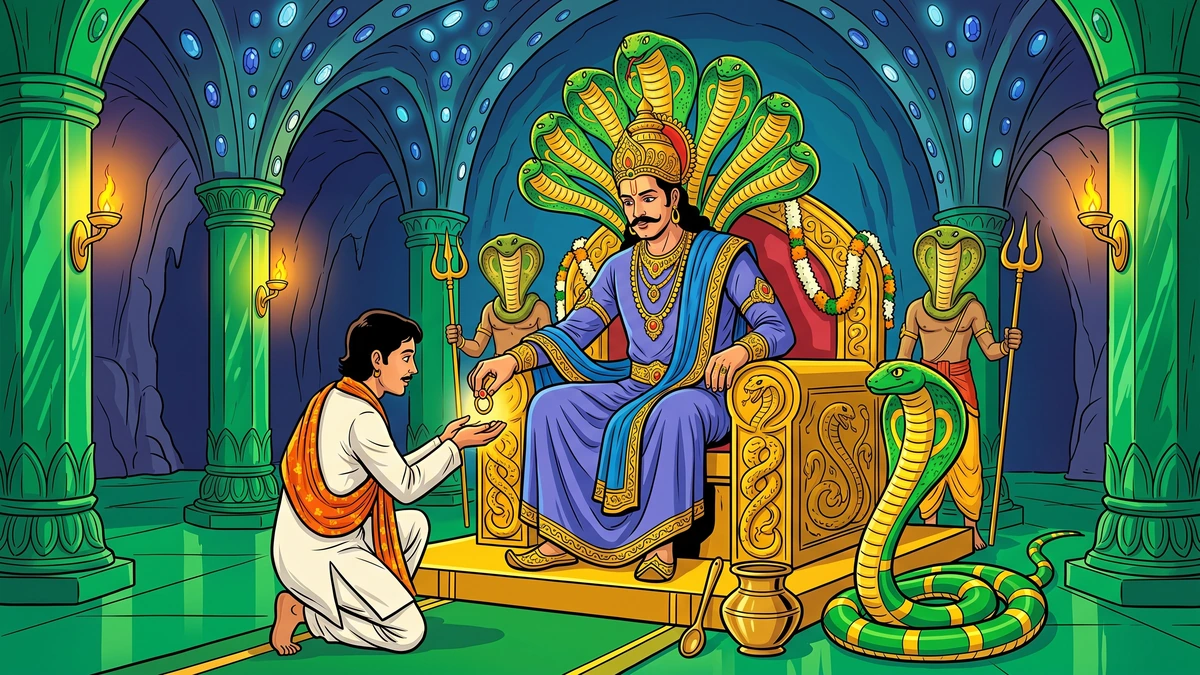 Scene 2: Raja Indrasha, king of the Naga underground kingdom with his seven-cobra hood, presents the Charmed Ring to the kneeling merchant's son in his vast emerald-pillared throne hall