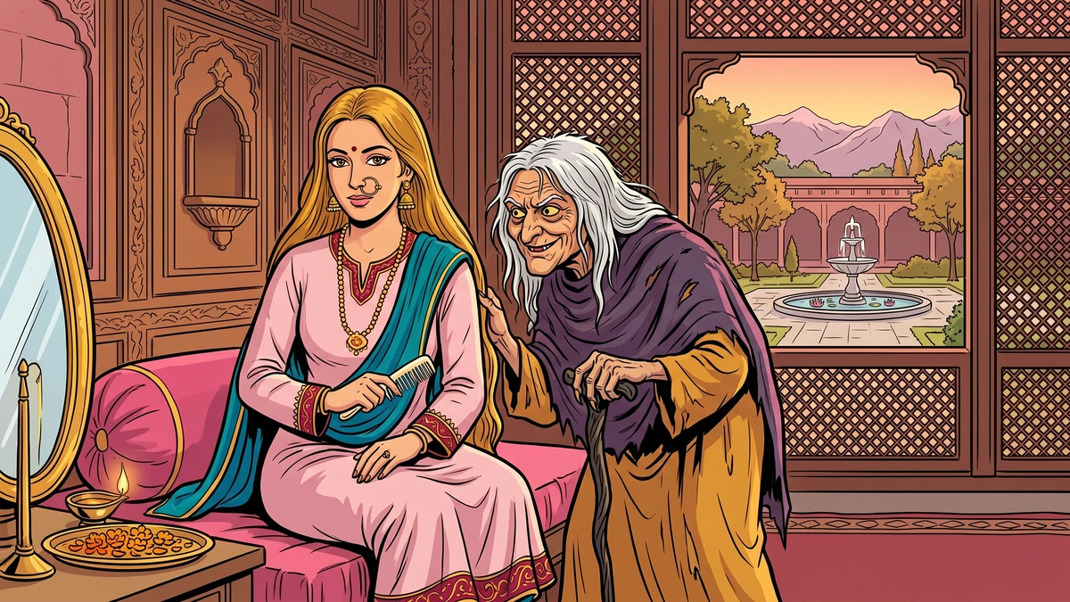 Scene 3: The golden-haired princess at her latticed jharokha dressing-mirror in the Kashmiri rose-stone palace, leaning toward the disguised ogress-hag with her twisted blackthorn stick and cunning yellow eyes