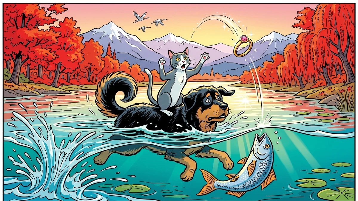 Scene 4: The faithful cat and the shaggy Bhotia dog crossing a Kashmir river at dawn, the Charmed Ring falling from the cat's mouth toward the rippling water as a great fish swims up to swallow it