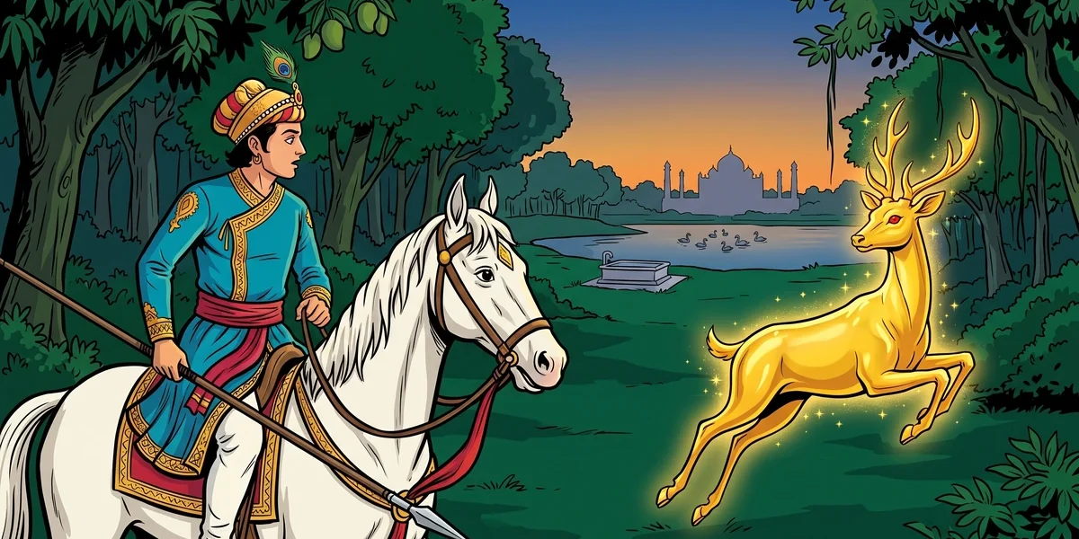 Prince Bahramgor of Tales of the Punjab gallops on a white Marwari horse after a leaping golden chital deer in the forest at dusk, with a distant marble palace and lake — Amar Chitra Katha style cover illustration for The Faithful Prince by Flora Ann