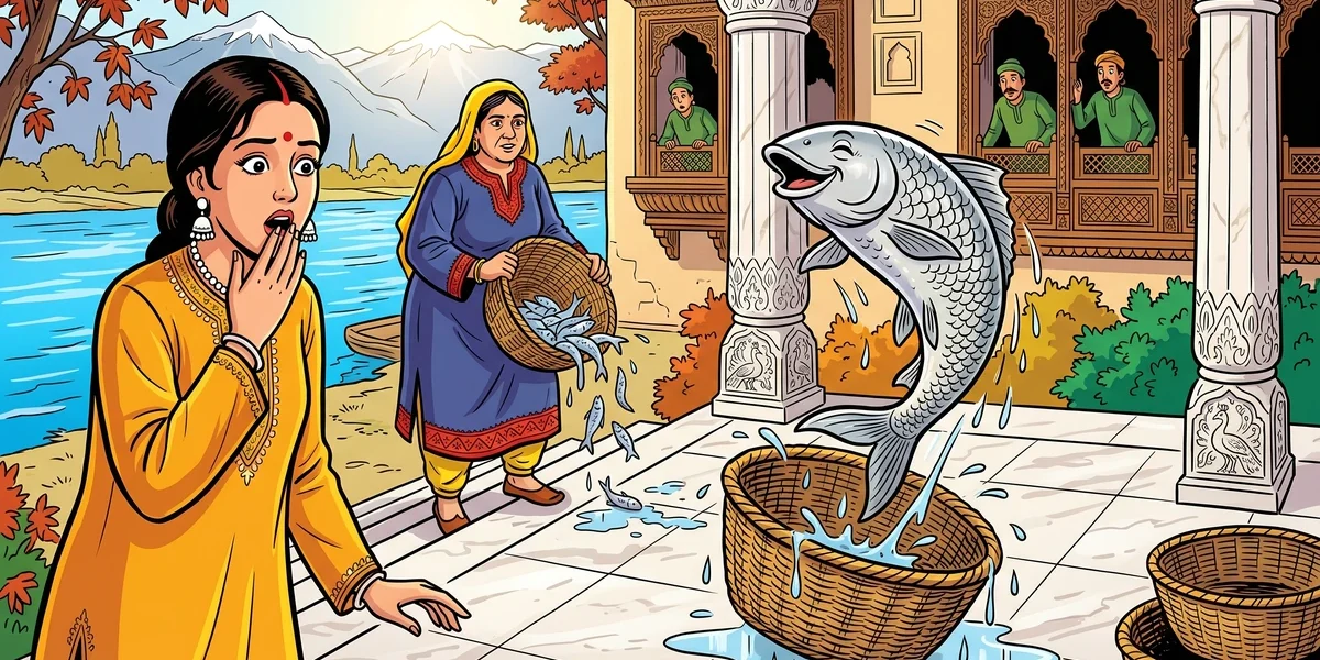Why The Fish Laughed Kashmiri folk tale ACK style cover: silver carp leaping mid-laugh from wicker basket on marble palace courtyard with queen in saffron phiran and Hanji fishwife in indigo phiran, Pir Panjal snow peaks and chinar trees behind