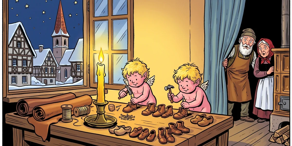 Two tiny elves working at a German shoemakers cobblers bench at night with the elderly couple watching from behind a curtain