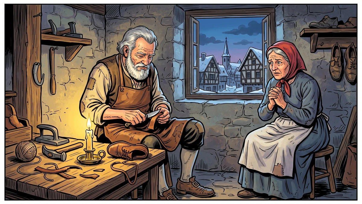 Elderly German shoemaker cutting his last piece of leather by candlelight while his wife watches with concern