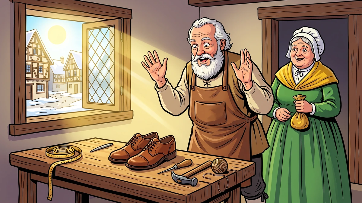 German shoemaker raising hands in astonishment at finished shoes on his bench while a customer with coin pouch admires them