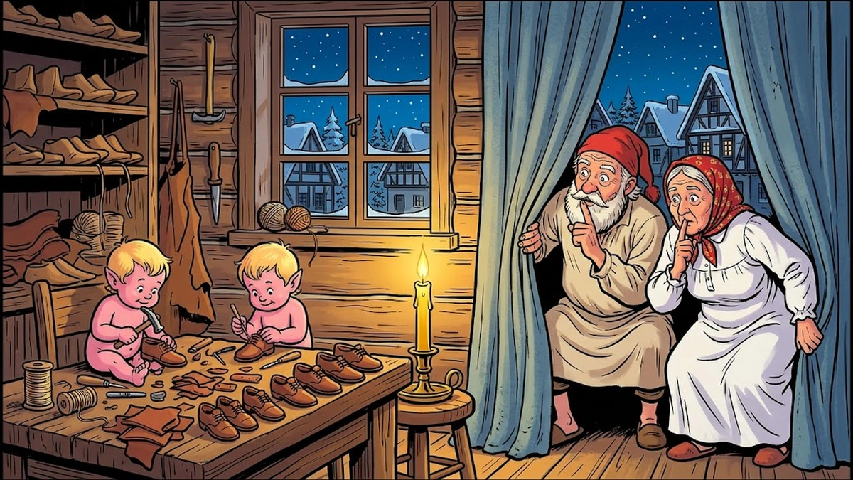 Two tiny naked elves working at the cobblers bench while shoemaker and wife peek from behind a blue curtain at midnight