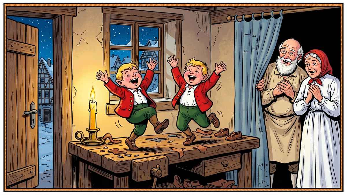 Joyful elves in red jackets and green breeches dancing on the bench while the shoemaker and his wife watch with delight