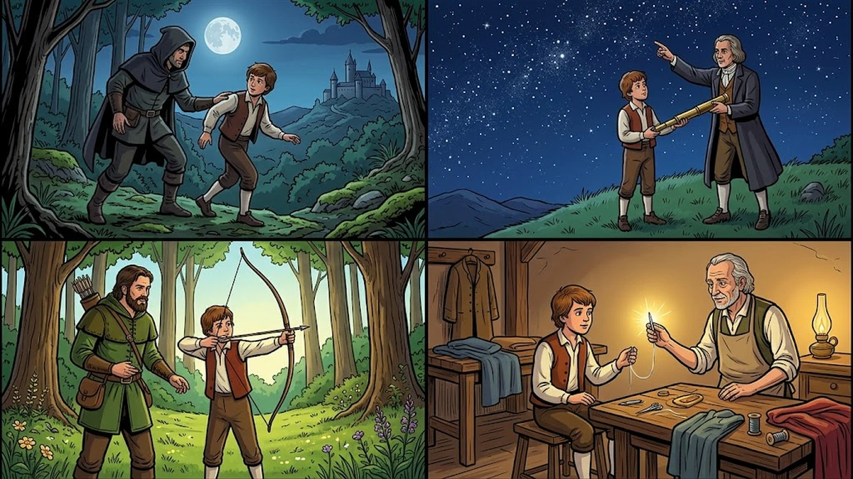 The four brothers apprenticed to thief, star-gazer, huntsman, and tailor masters