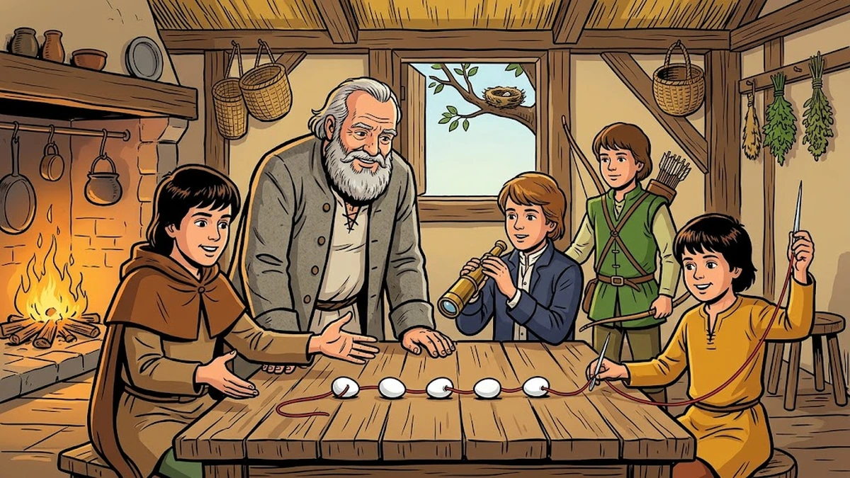 The bird egg test - the four brothers and their father with five eggs on the table