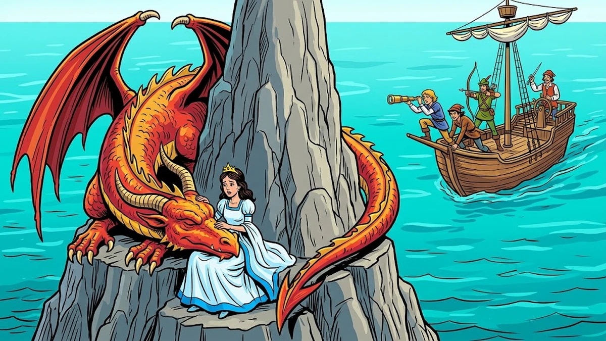 The princess on the dragon rock as the brothers approach by sailing ship
