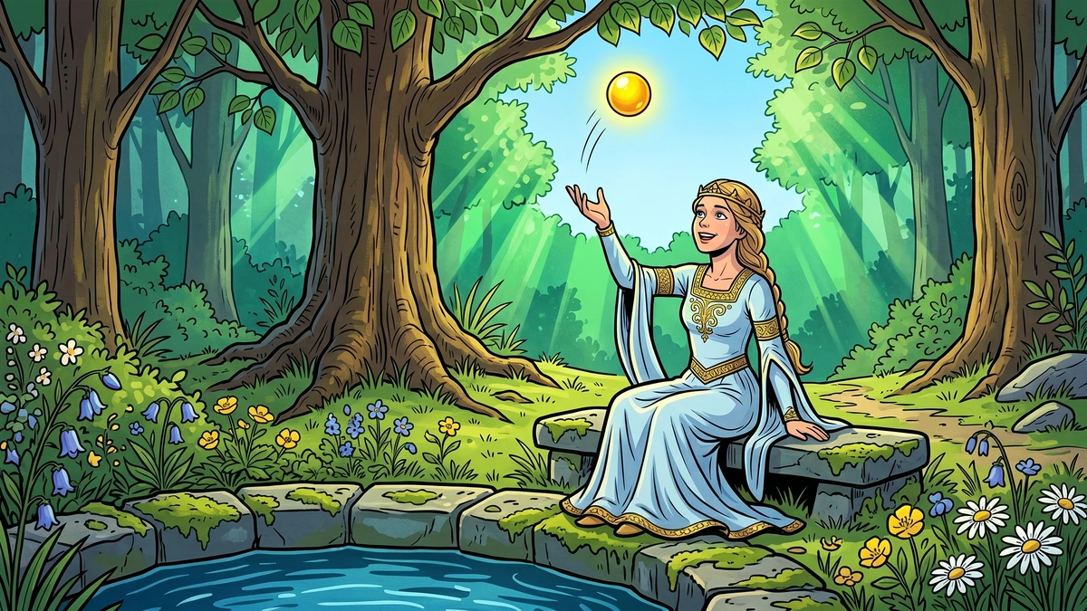 Princess at the forest spring tossing the golden ball — Frog-Prince scene 1