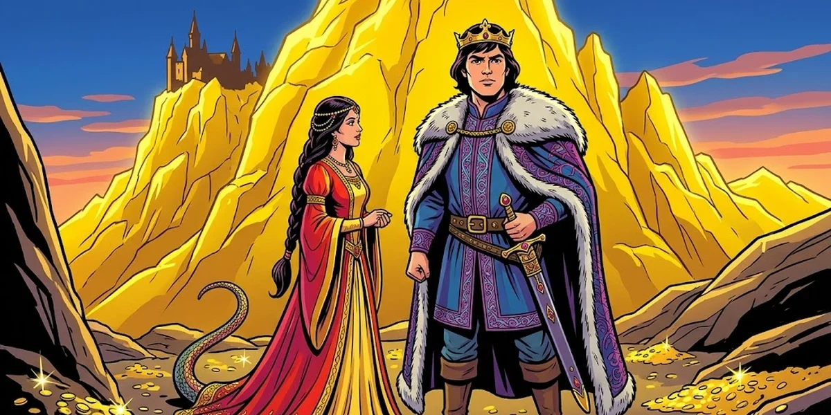 King of the Golden Mountain - Hero crowned at foot of Golden Mountain with serpent princess Brothers Grimm KHM 92