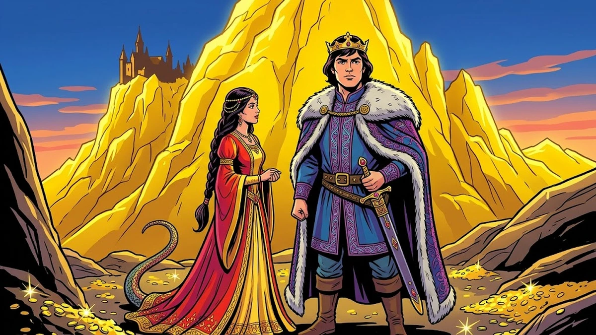 King of the Golden Mountain - Hero crowned at foot of Golden Mountain with serpent princess Brothers Grimm KHM 92