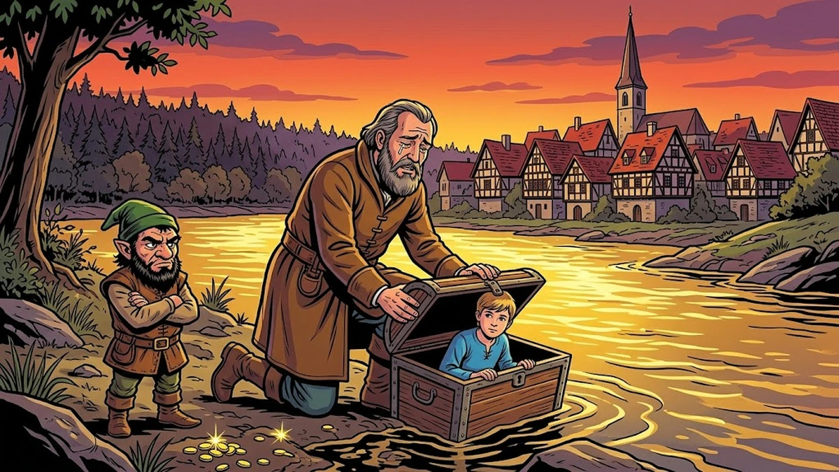 Merchant pushes wooden chest with boy into river while black dwarf watches - The King of the Golden Mountain Grimm KHM 92