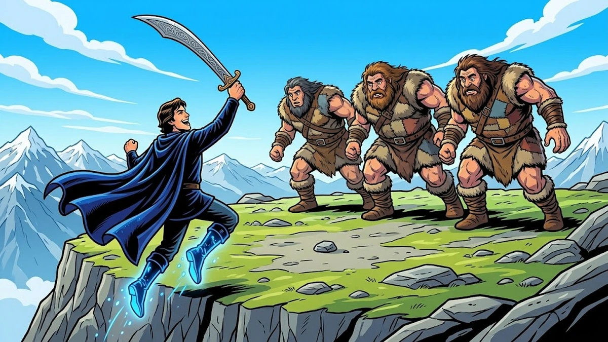 Hero leaps off plateau in seven-league boots and invisibility-cloak having tricked three giants - The King of the Golden Mountain Grimm KHM 92