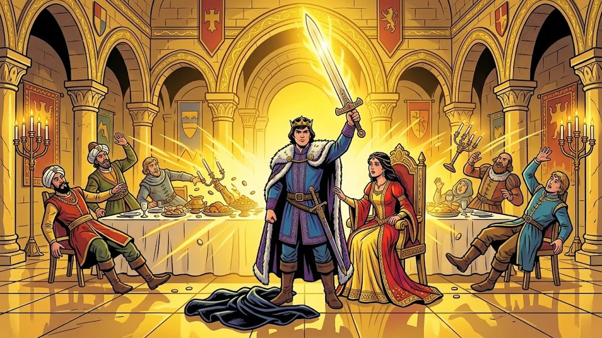 King of the Golden Mountain reveals himself at wedding-feast with magical sword and reclaims his queen - Grimm KHM 92