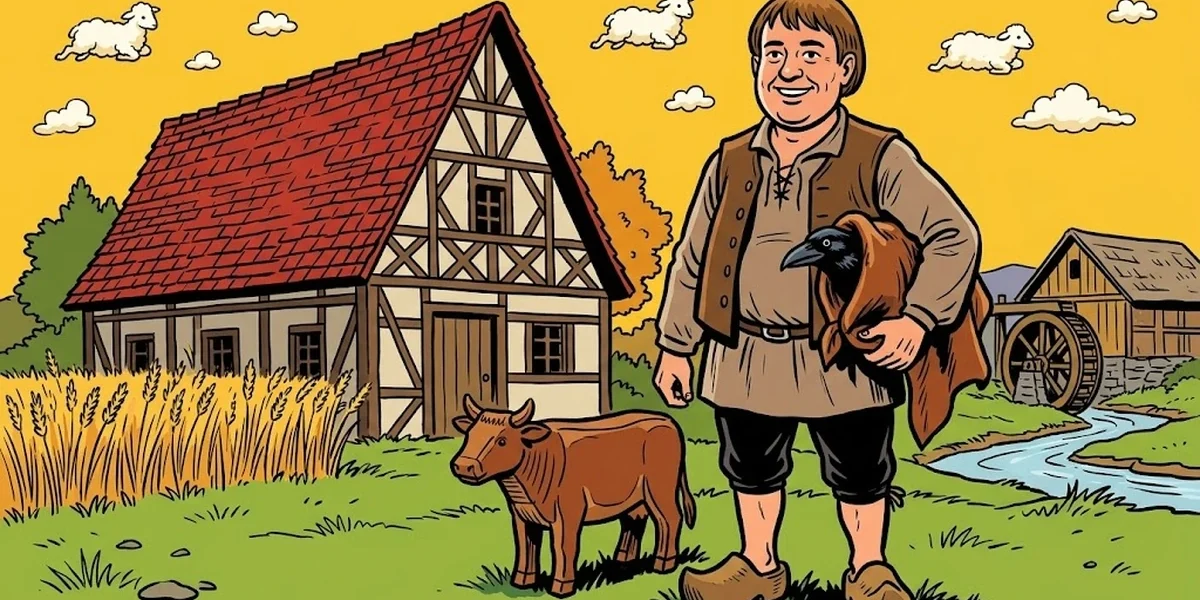 The Little Peasant - Brothers Grimm KHM 61 - cover illustration of the small Hessian German peasant with the soothsaying raven and wooden calf