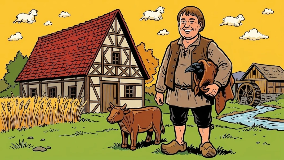The Little Peasant - Brothers Grimm KHM 61 - Hessian peasant with the soothsaying raven and wooden calf in front of half-timbered cottage