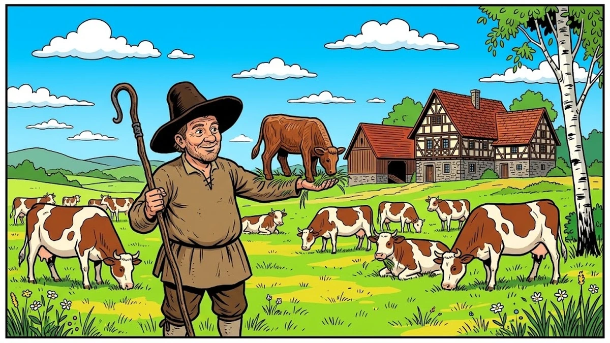 The cow-herd carrying the painted wooden calf among the village herd in The Little Peasant by Brothers Grimm KHM 61