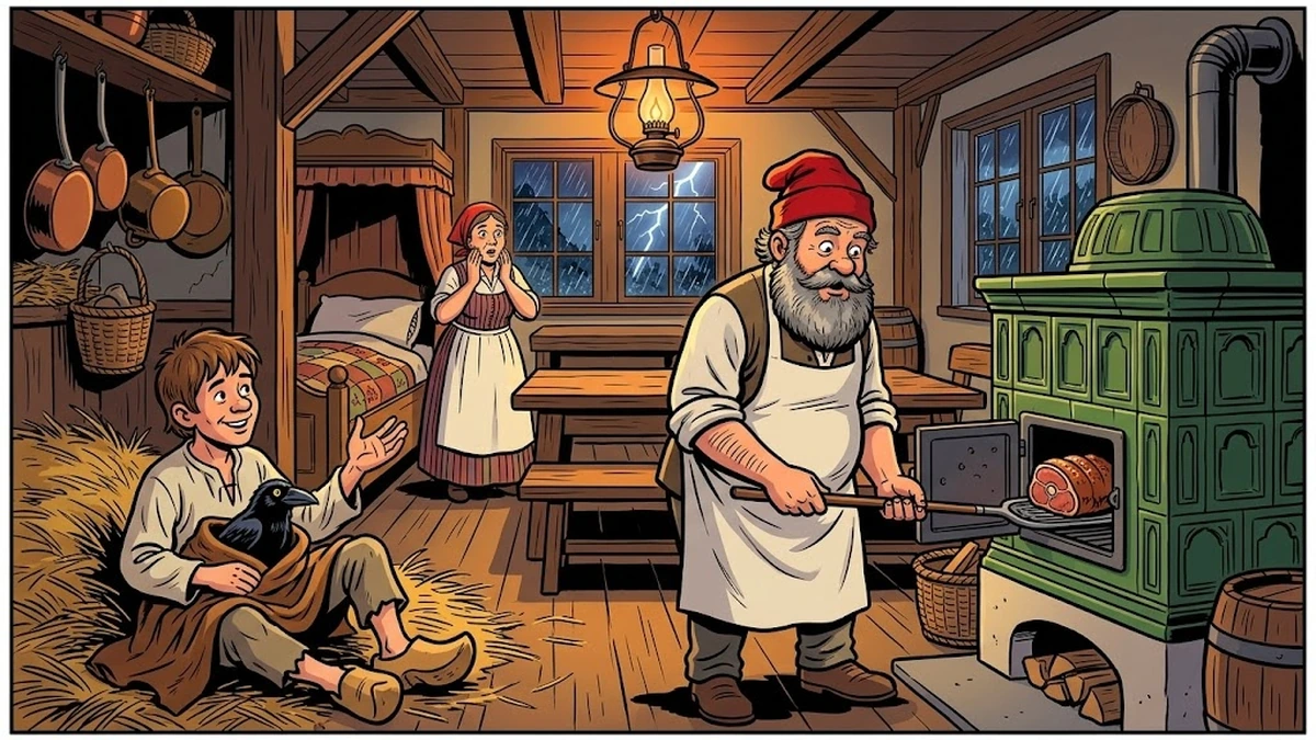 The miller and the little peasant with the soothsaying raven discovering hidden roast meat in the green tile-stove - Grimm KHM 61