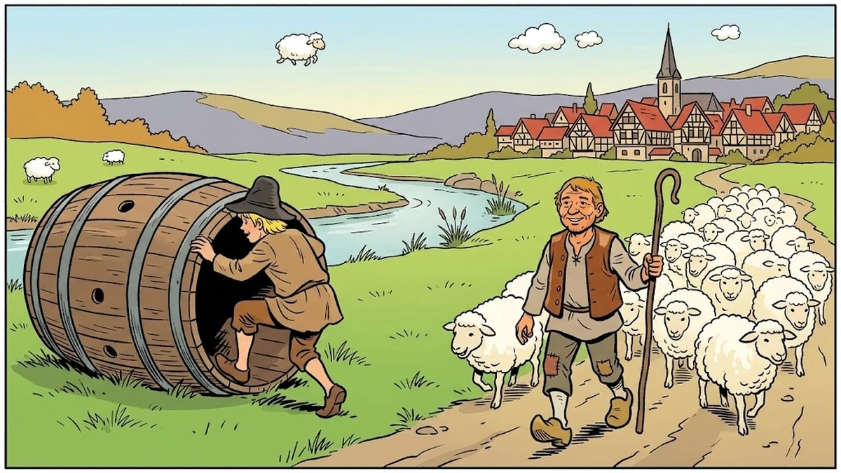 The shepherd climbing into the barrel while the little peasant walks away with the flock of sheep - Grimm KHM 61