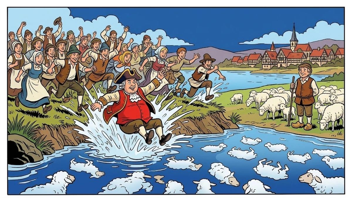 The mayor and villagers leaping into the river after the reflected cloud-lambs in The Little Peasant - Grimm KHM 61