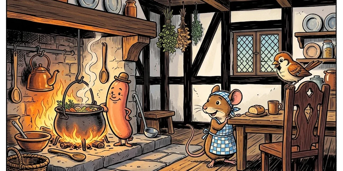 ACK style illustration of a mouse, sparrow, and bratwurst sausage character together in a cozy German cottage kitchen with a hearth and bubbling pot — the harmonious household from Brothers Grimm KHM 23.