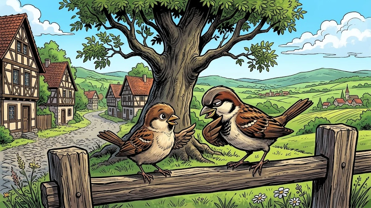 Two sparrows talking on a fence by an ash tree in a German village — the stranger bird sows discontent.