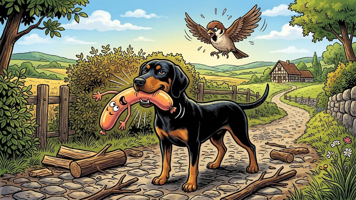 A black-and-tan German farm hound holds a bratwurst sausage in its jaws on a cobblestone lane while a sparrow protests above.
