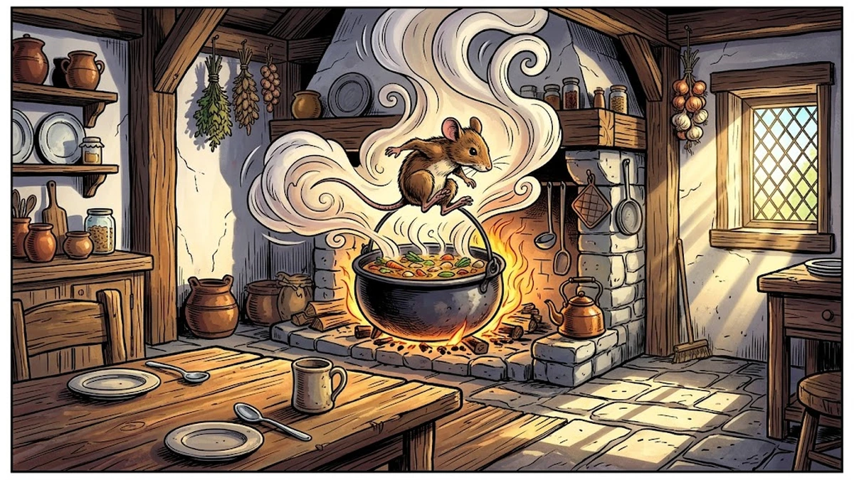 A brown mouse mid-leap above a bubbling iron pot on a stone hearth in a German cottage kitchen.