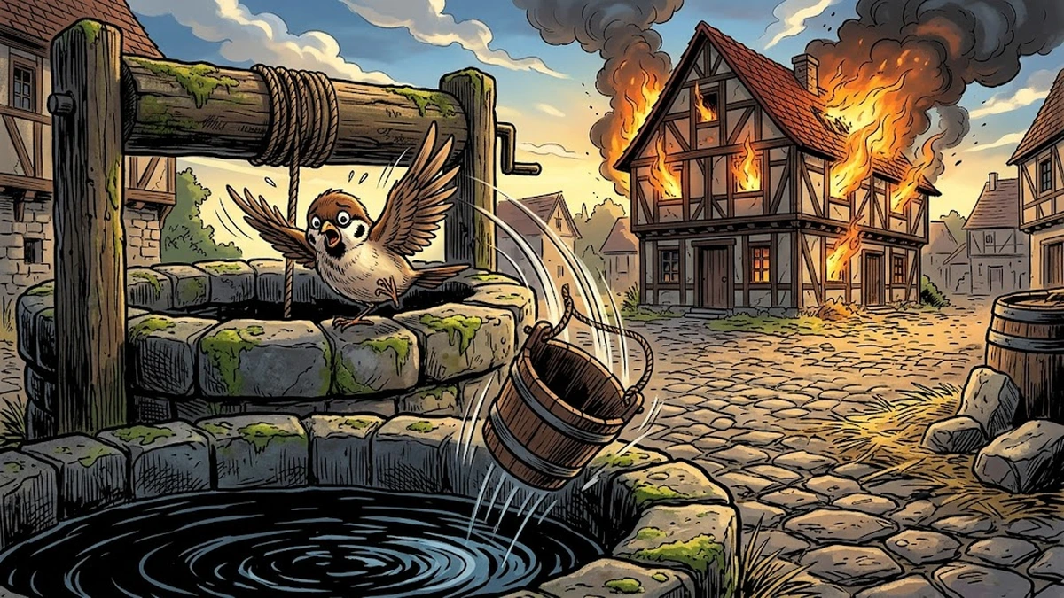 A sparrow tipping over the curb of an old stone well as a wooden bucket falls; the half-timbered Hesse cottage burns in the background.