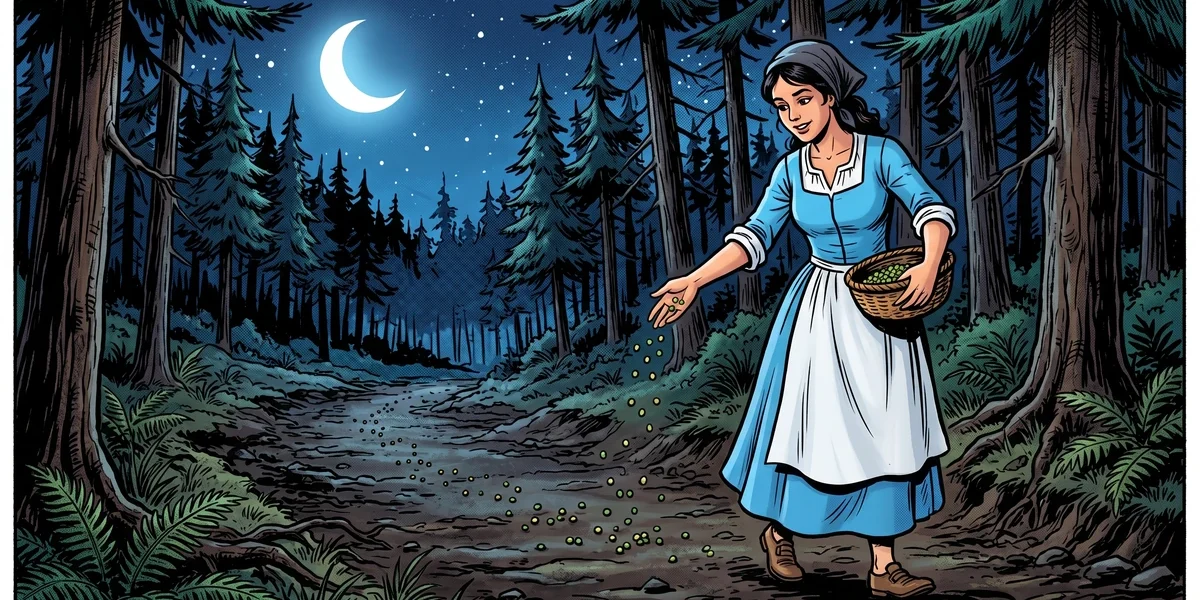 The Robber Bridegroom — miller's daughter scattering peas at moonlit forest path. Brothers Grimm KHM 40, Amar Chitra Katha cover illustration.