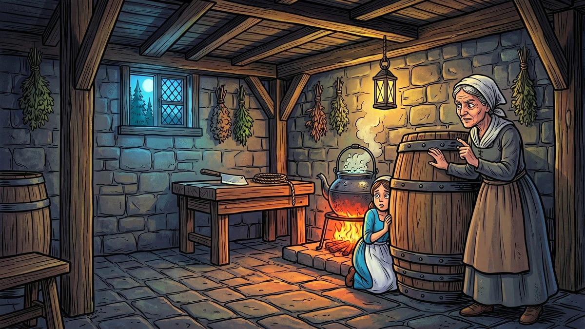 In the cellar a wise old woman hides the bride behind a great cask while a kettle bubbles and a butcher's table holds cleaver and rope.