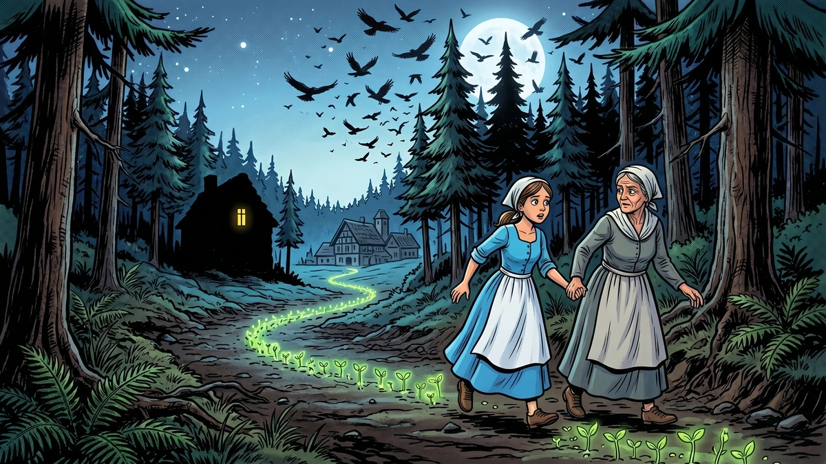 The bride and the old woman flee through the moonlit pine forest along the glowing green path of sprouted peas and lentils.