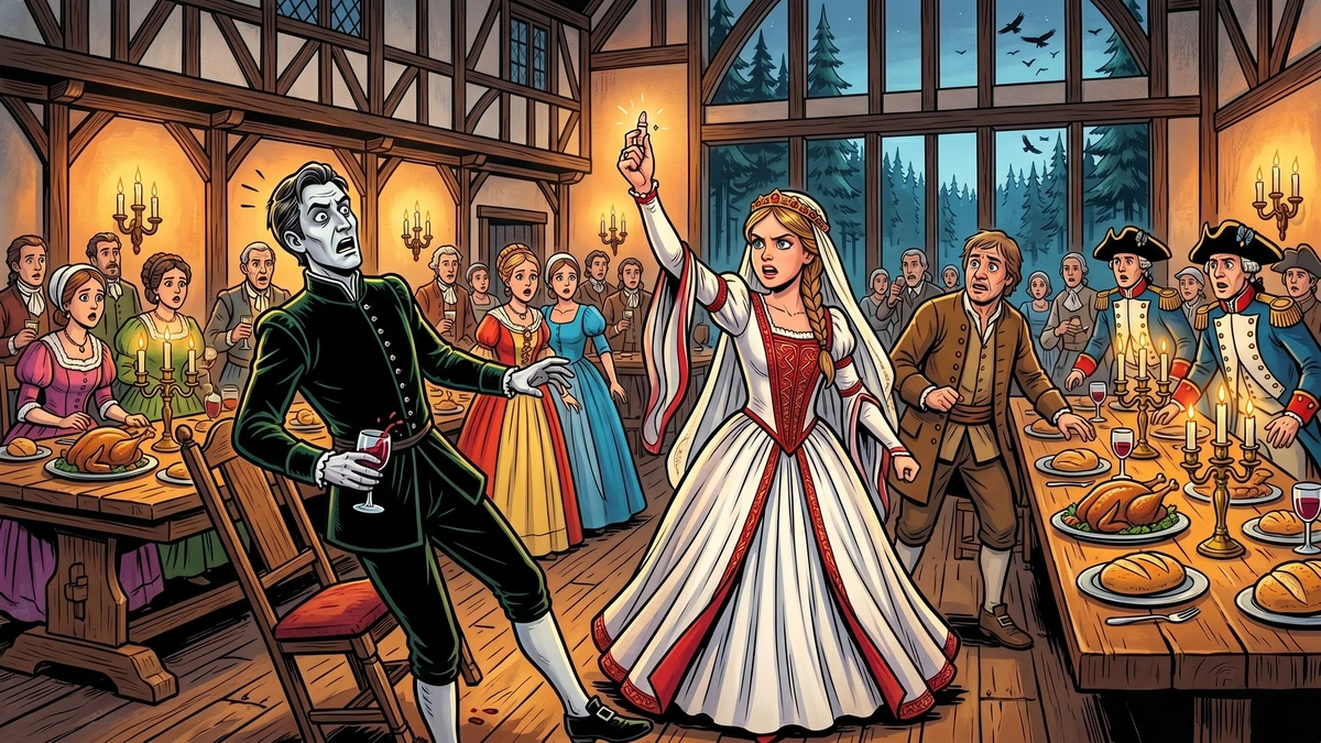 At the wedding feast the bride raises the severed finger with the gold ring and the false bridegroom recoils as magistrates rise to arrest him.