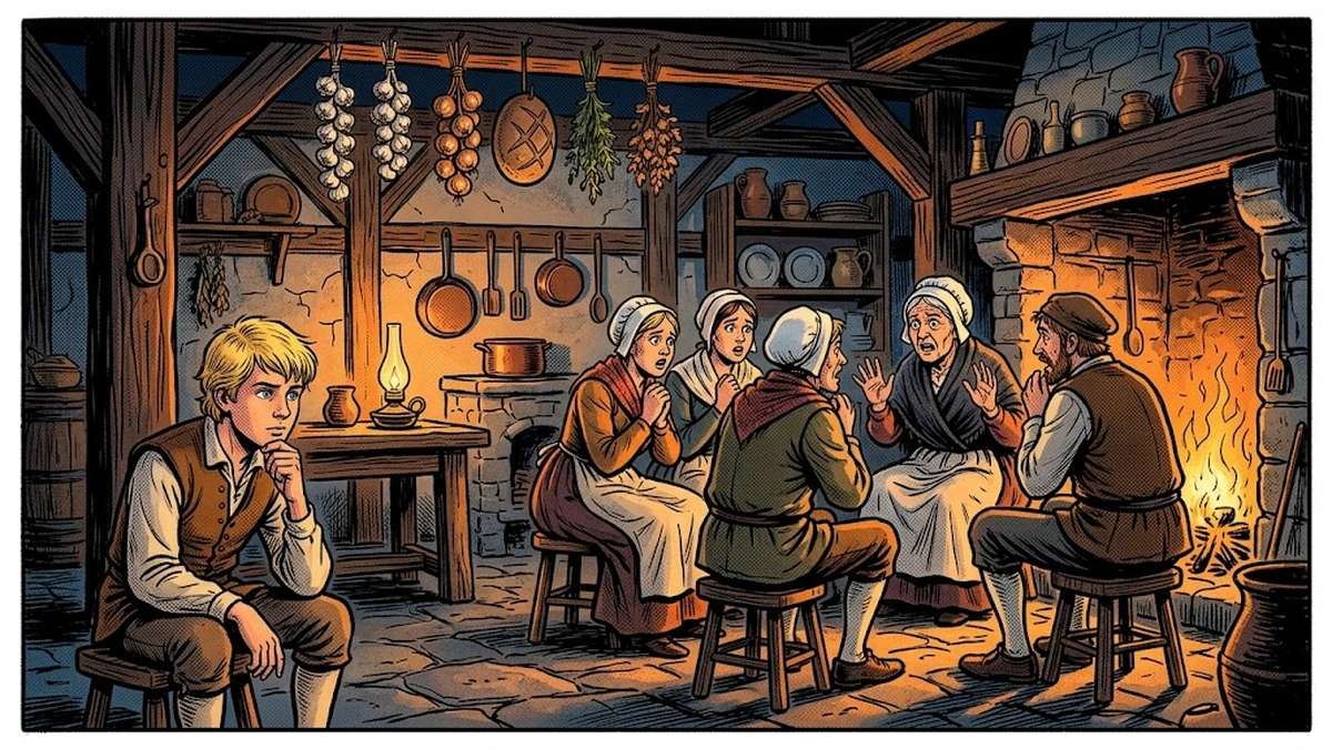 Young blond German youth listens to villagers ghost stories by the hearth, unafraid - ACK style