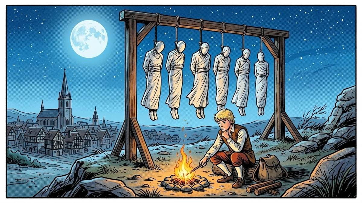 The fearless youth tends a campfire under a moonlit gallows in medieval Germany - ACK style