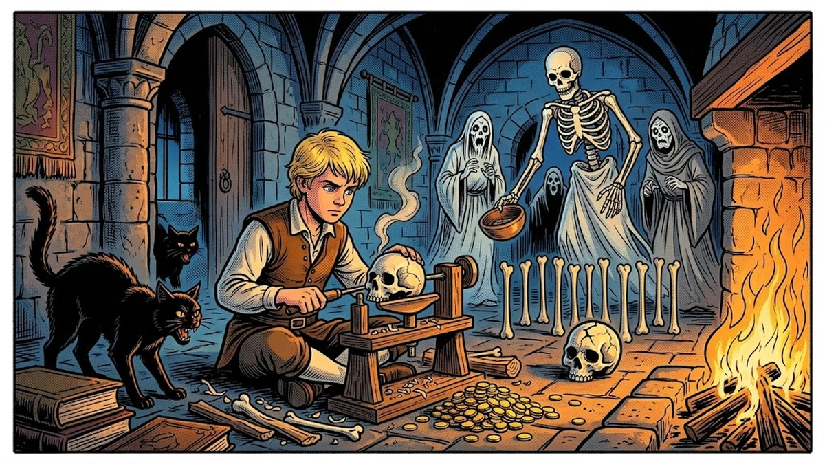 The youth turns a skull on a lathe while ghosts play ninepins in a haunted castle hall - ACK style
