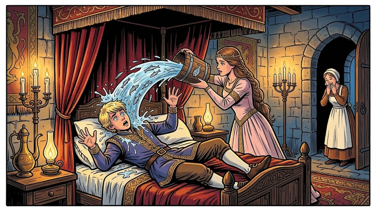 Princess pours bucket of icy water and minnows on her sleeping husband to teach him fear - ACK style