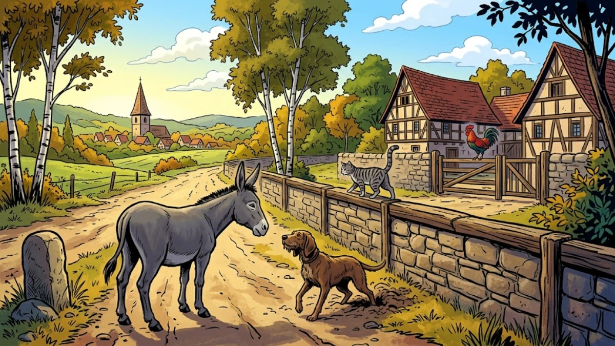 Donkey, dog, cat and rooster meeting on a German country lane on the way to Bremen