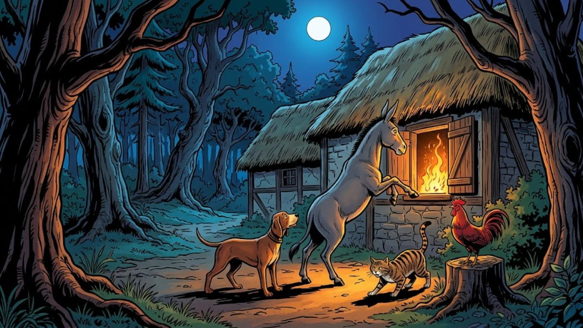 The four travellers peer through the lighted window of a robbers' cottage in the dark German forest